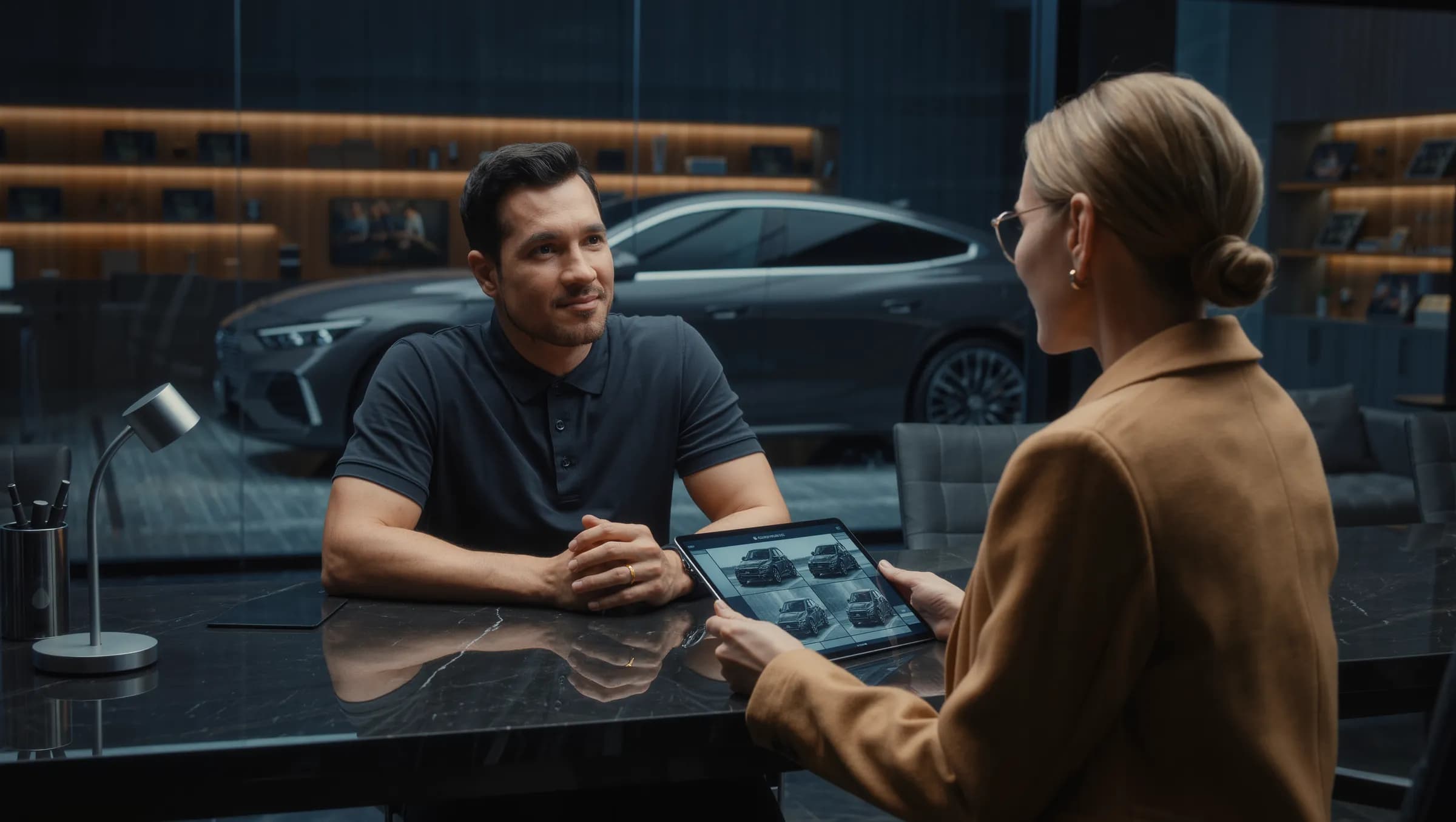 A service advisor talks a customer through photos of her car's damage on a tablet in a workshop lounge.