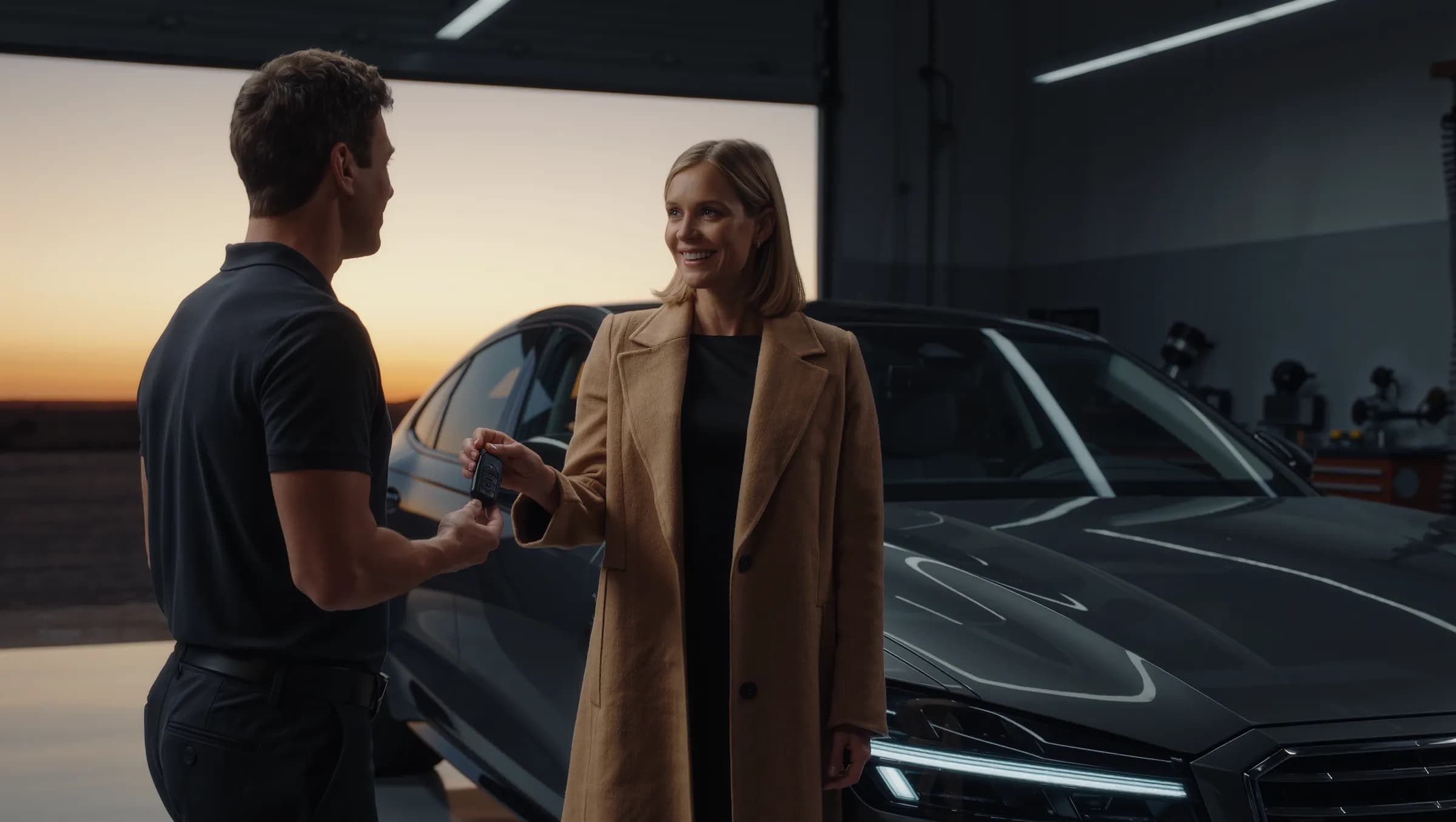 A service advisor hands car keys to a smiling customer beside her repaired dark sedan at dusk.