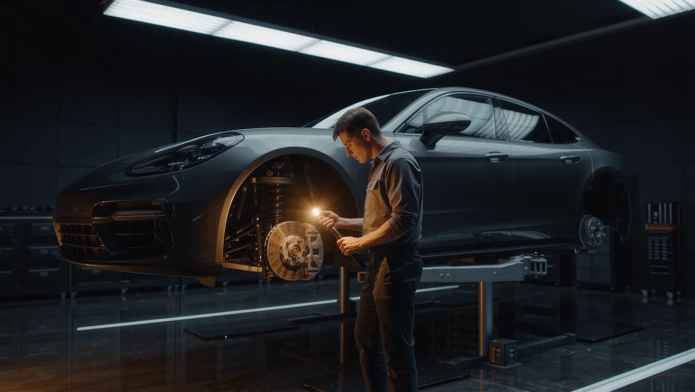 A mechanic inspects the brakes and suspension of a car raised on a hoist with a bright inspection torch.