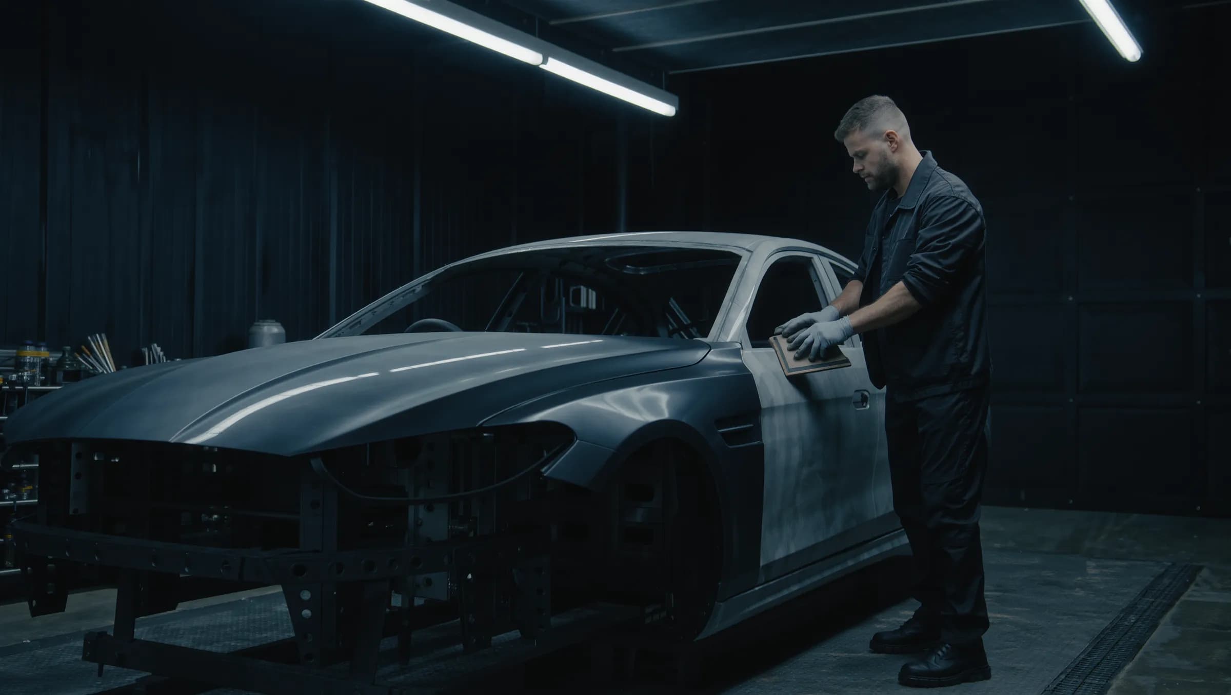 A panel technician stands beside a car body on a repair jig, sanding a primed door by hand.