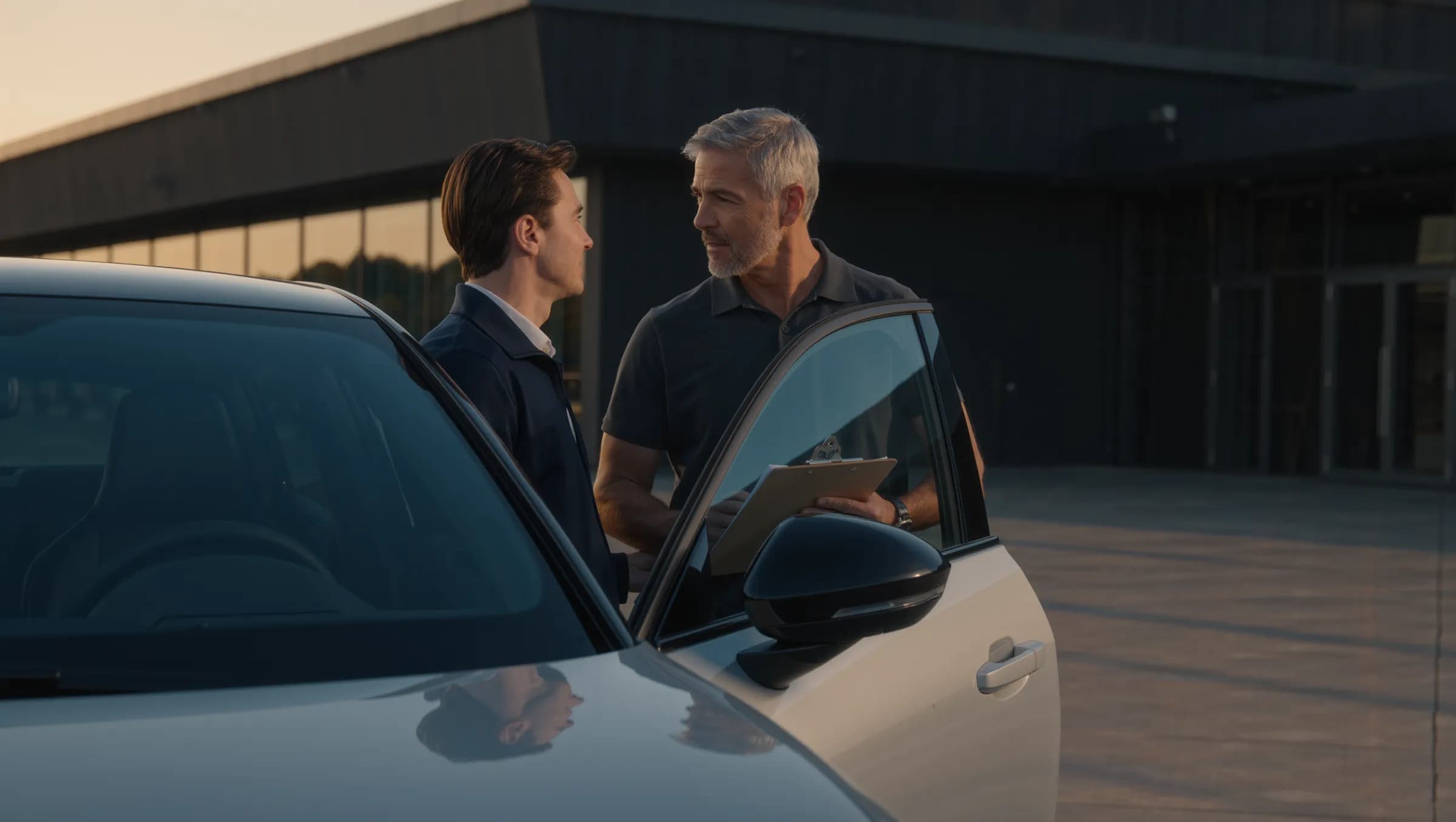 A customer talks with a service advisor holding a clipboard beside a silver hatchback in late-afternoon light.