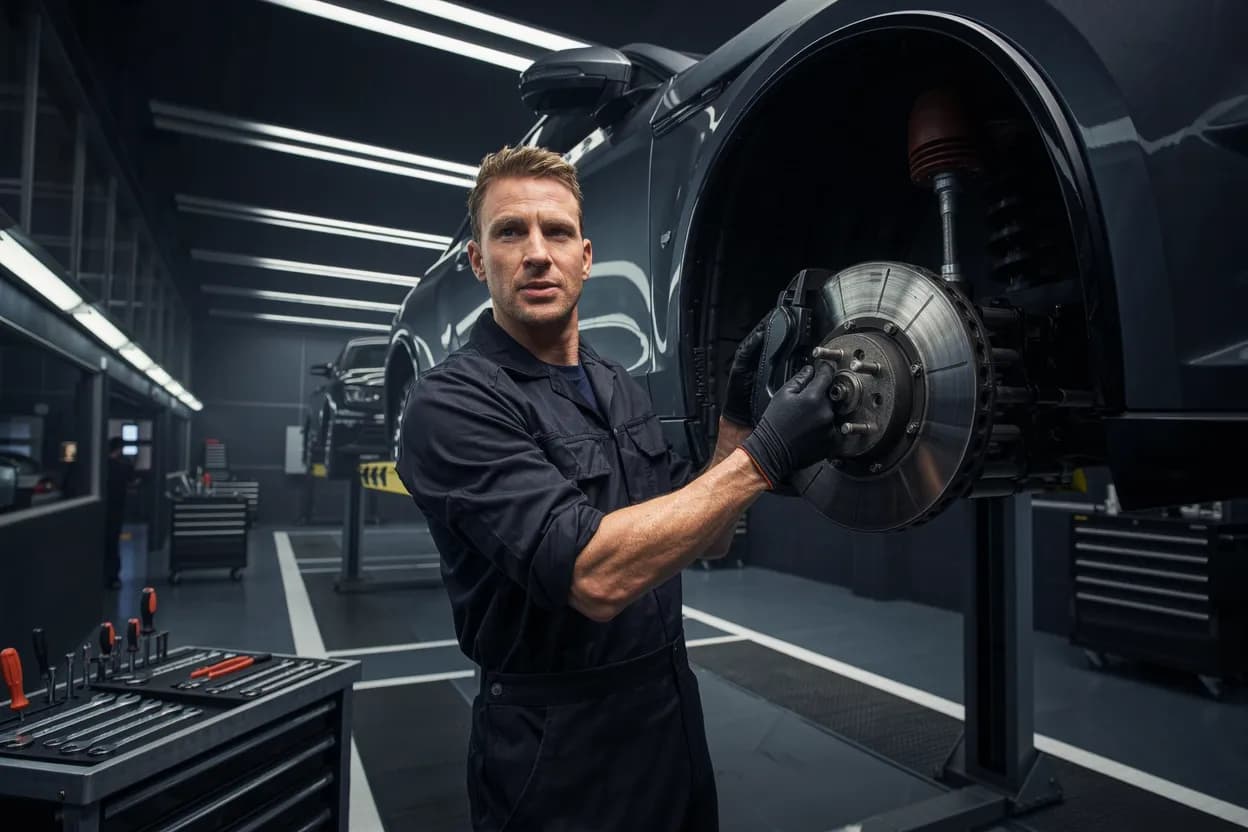 A technician in charcoal workwear and gloves refits a rear brake caliper on a car safely raised on a two-post hoist, tools laid neatly on a cart
