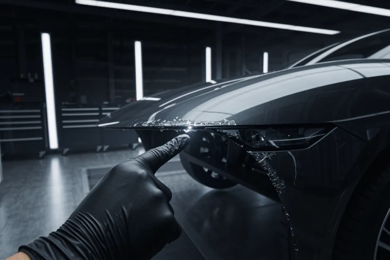 Close-up of a chipped and scratched front guard on a dark grey car, a detailer's fingertip in a glove indicating the chip