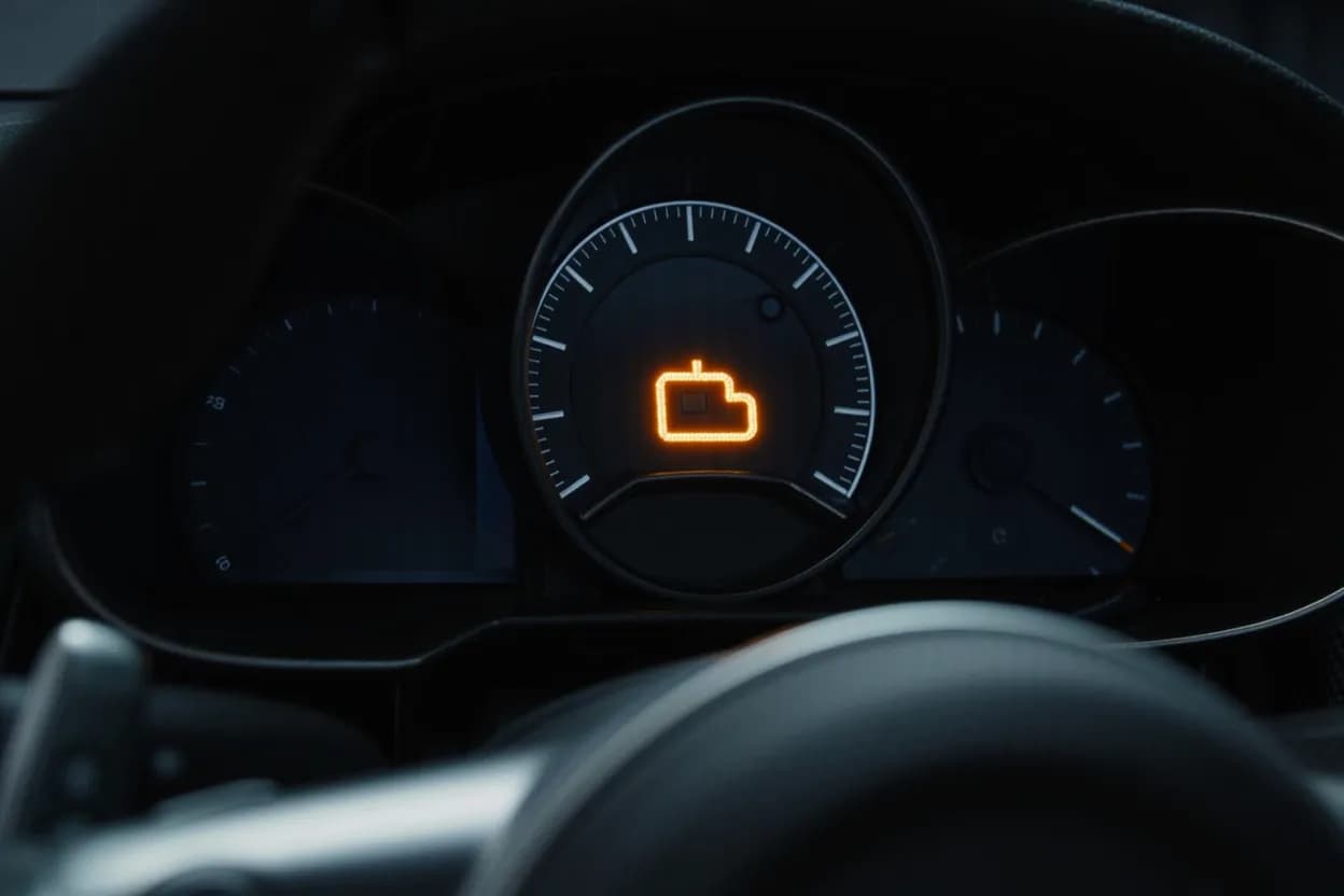 Close-up of a modern car instrument cluster at night with an amber check-engine warning light glowing, everything else dim
