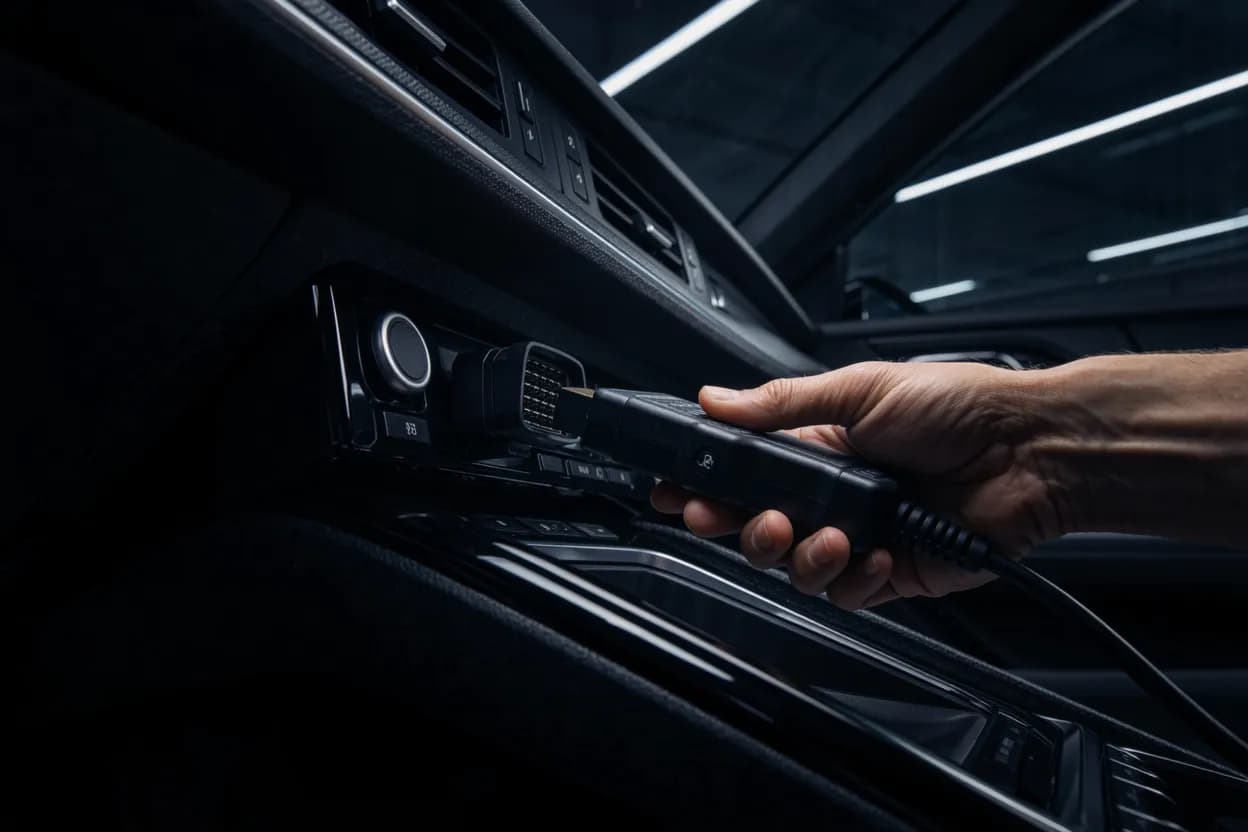 Close-up under a car dashboard: a diagnostic scan-tool cable being plugged into the OBD socket by a technician's hand, soft cabin light