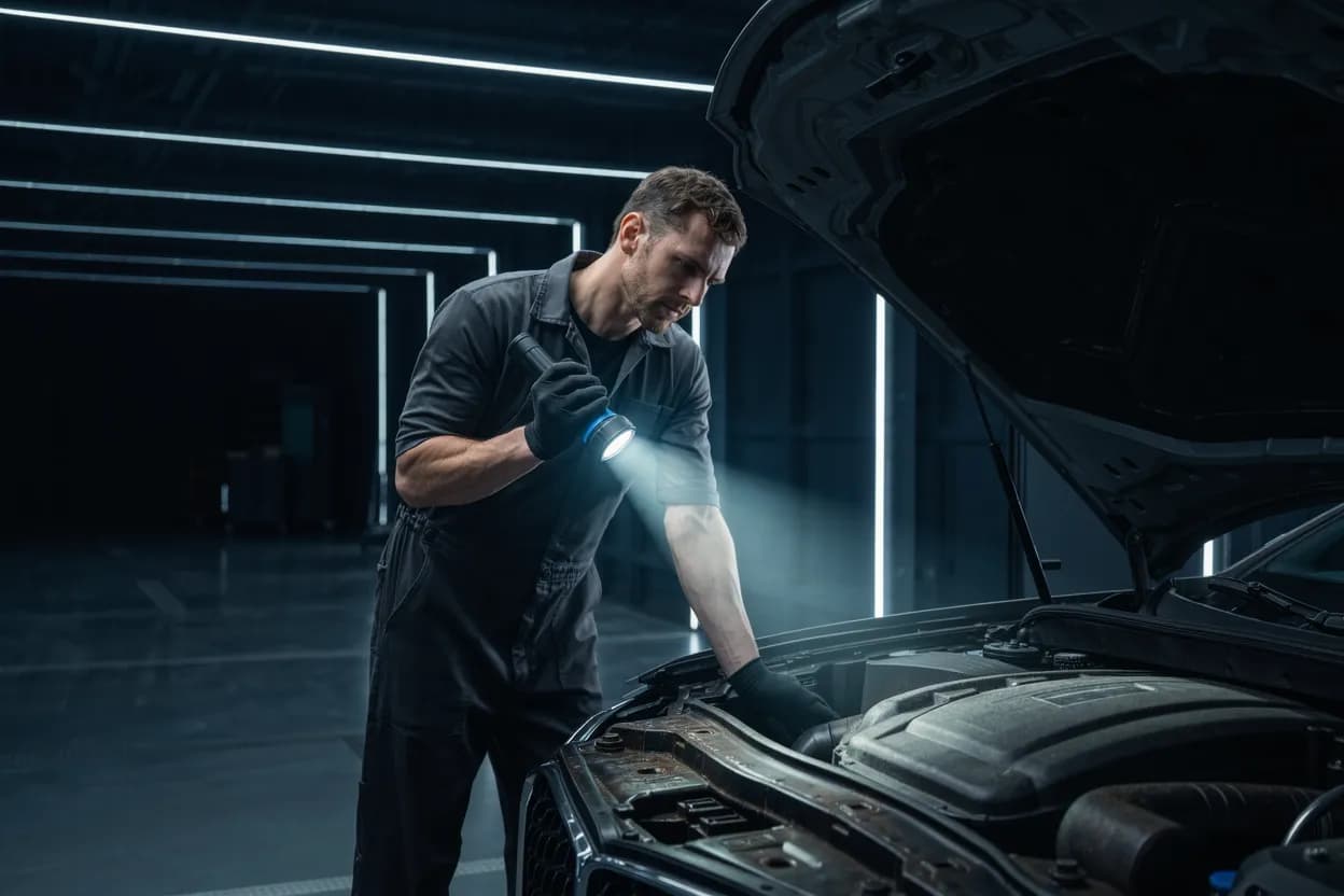 A technician shines a bright inspection torch into an engine bay looking for leaks and corrosion, the beam cutting through the dark workshop