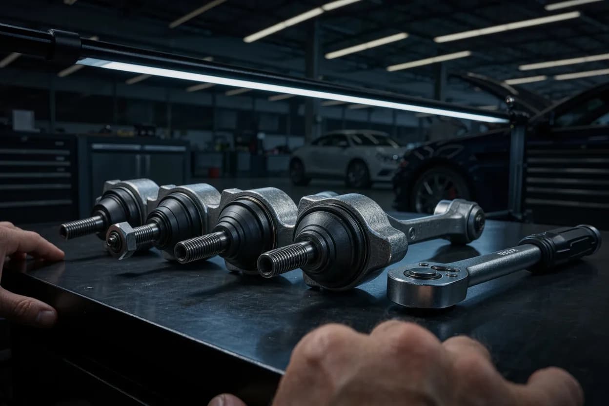 Detail shot of new steering tie-rod ends and suspension ball joints laid out on a dark workbench beside a torque wrench, under a cool linear light